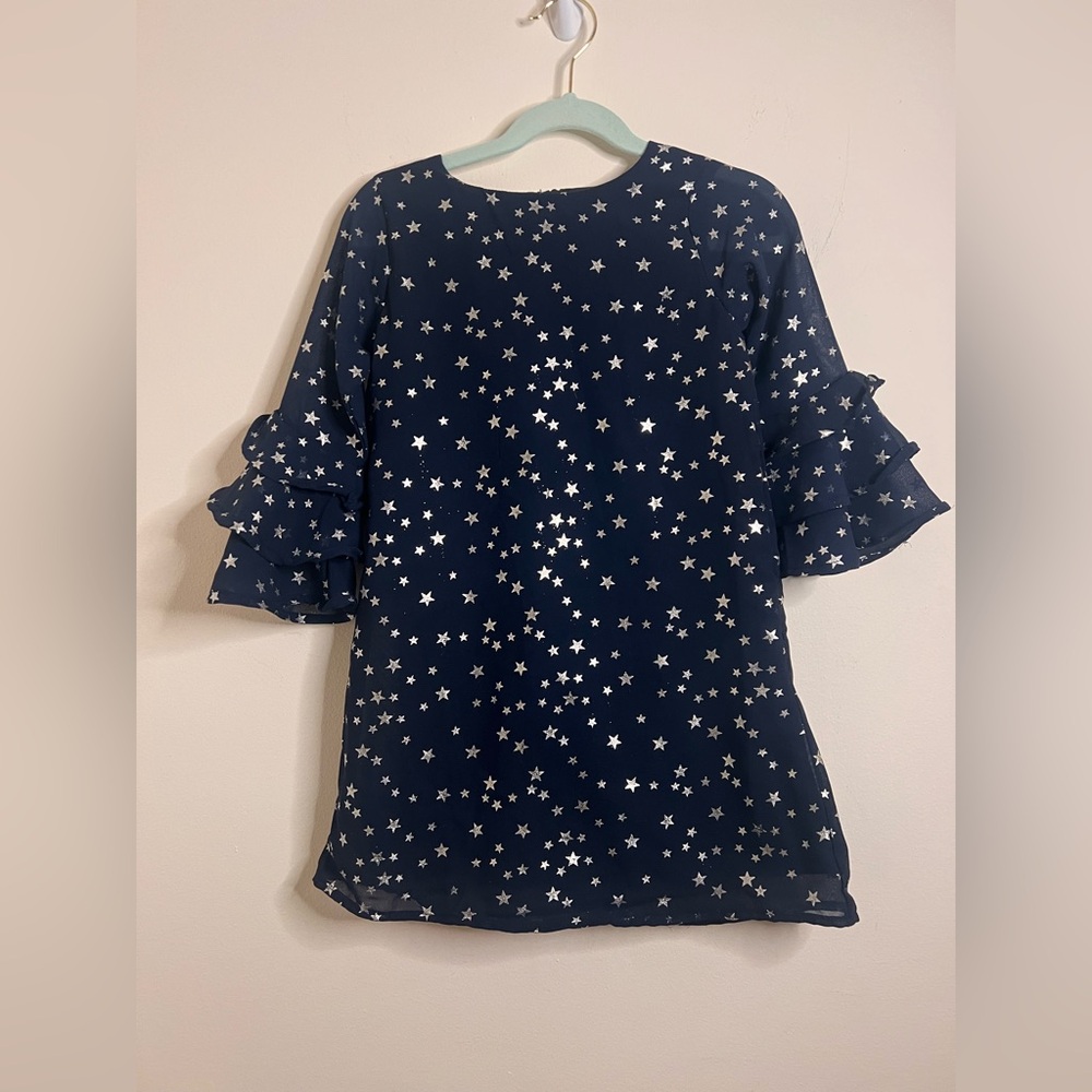 ATUN girls navy blue with silver stars long sleeved dress